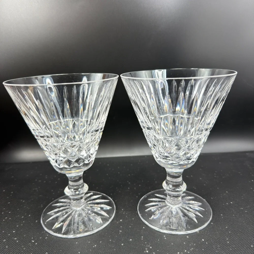 Waterford Crystal Tramore Tall Cups Glasses Set of 2 Cut Glass Goblets Signed‎